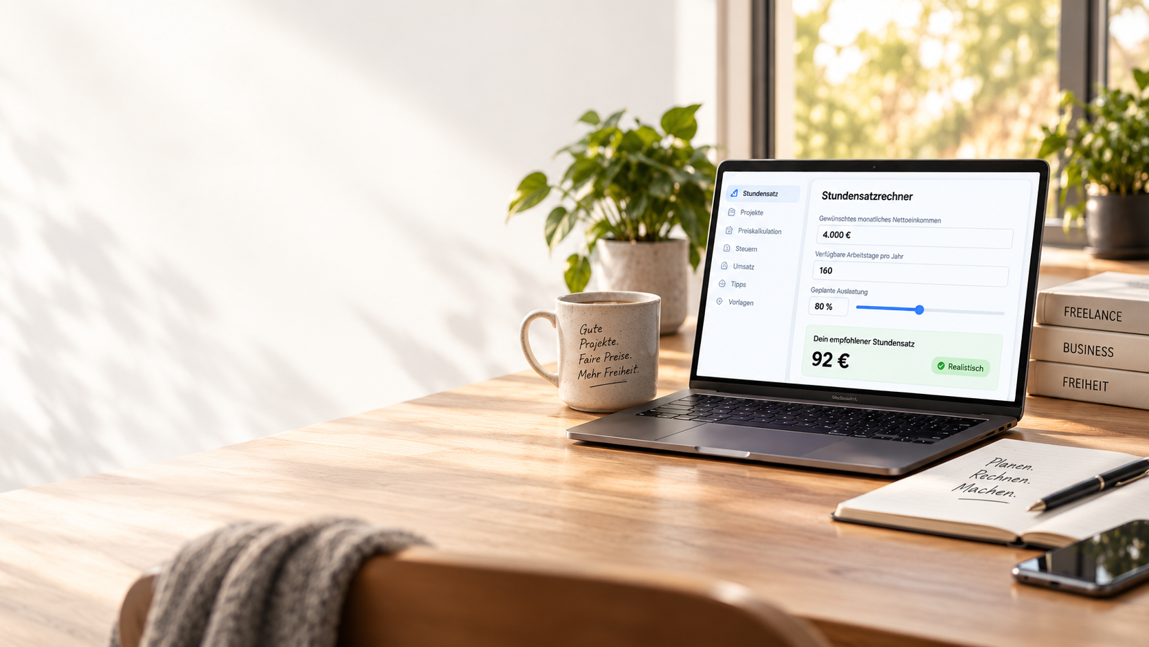 Schreibtisch mit geöffnetem Laptop, auf dem der Stundensatzrechner von freelancerrechner.de läuft